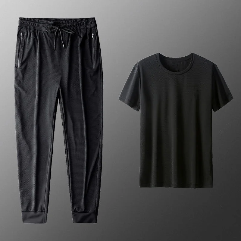 

Ice silk short sleeve suit men's summer thin breathable leisure sports large straight pants air conditioning men's T-shirt