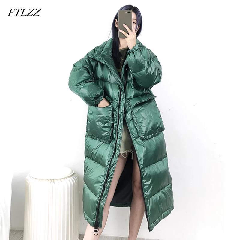 FTLZZ новое женское длинное пальто зимние парки на утином пуху воротник стойка