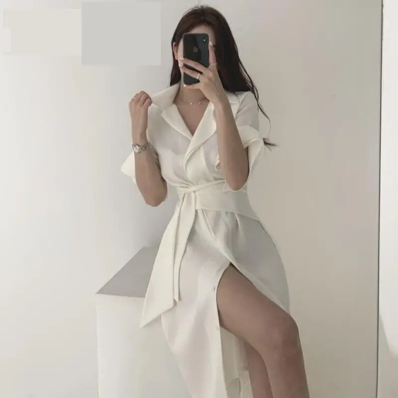 

Summer Korean Temperament Elegant Side Split OL Turn Down Collar Short Sleeve White Lace Up Long Shirt Dress Black Bandage Dress