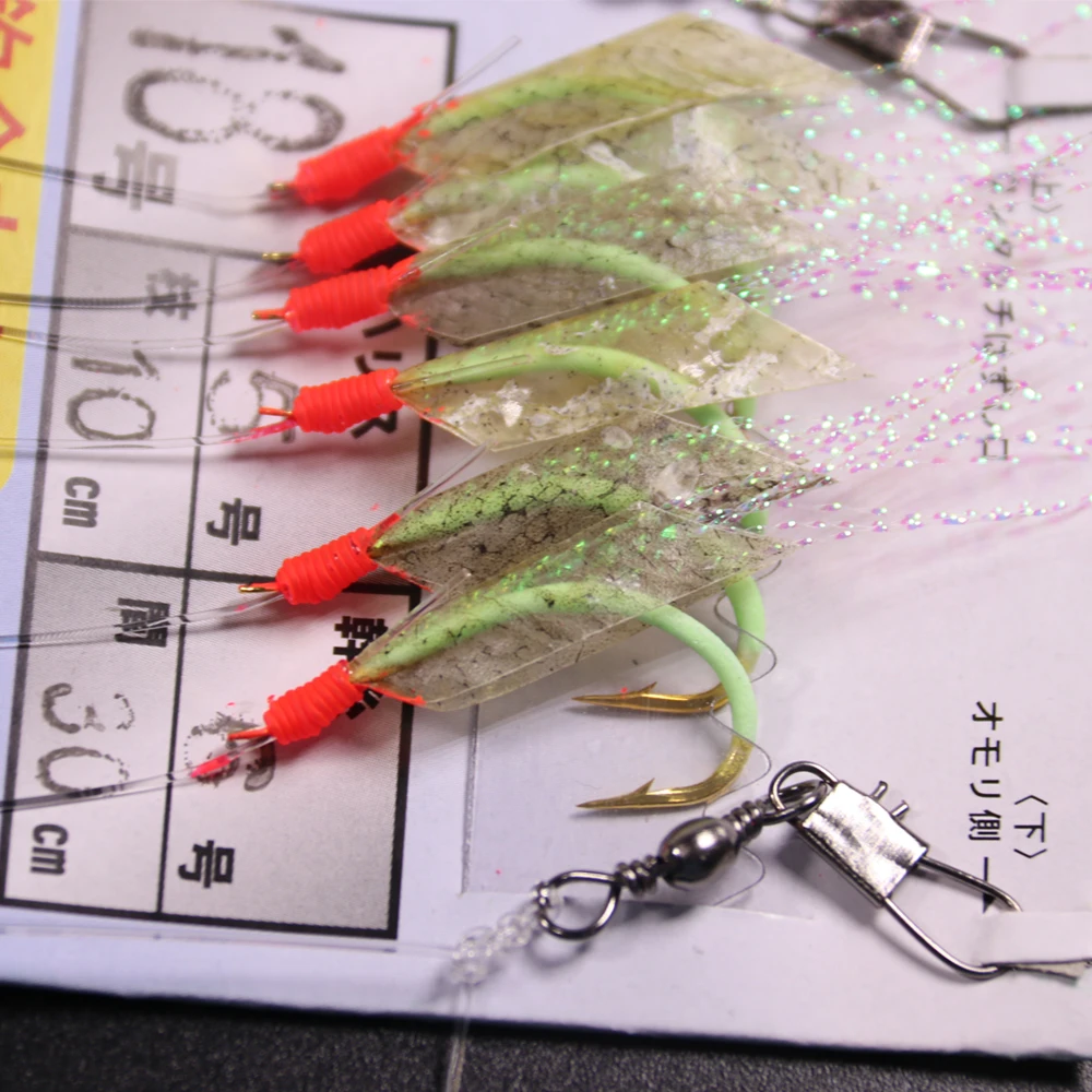 

1bag 6pcs Luminous String Hooks Soft Real Deep Sea Fish Skin Bait Flash Sabiki Rigs Saltwater Fishing Artificial Lure 11 Sizes