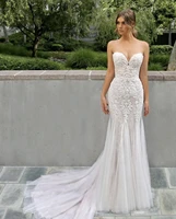 wedding dress mermaid sweetheart sleeveless backless lace appliques sequined floor length sweep train elegant bride gown 2021