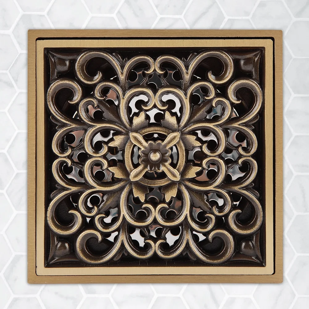 

Antique Brass 10cm Shower Floor Drain Bathroom Deodorant Square Waste Drain Strainer Cover Grate