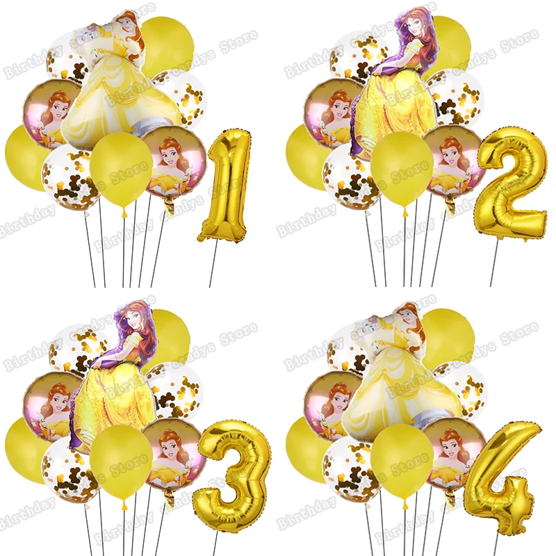 

7Pcs Disney Princess Beauty and the beast Foil Balloon Number Latex Balloons baby 1 2 3st Birthday Party Decor Kids Toy Globos