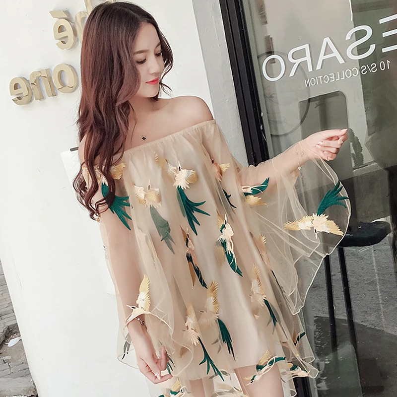 

Women Vacation Dress 2021 Summer Sexy Off Shoulder Chiffon Dress Embroidery 3D Boho Party Beach Dresses Vestidos De Fiesta