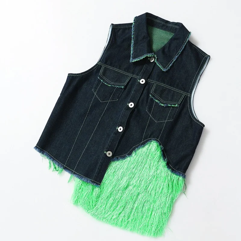 

New Fashion Suit Chic Single Breasted Tassel Patchwork Vest + High Waist Irregular Denim Skirts 2021 Summer 2 Pcs Women Set