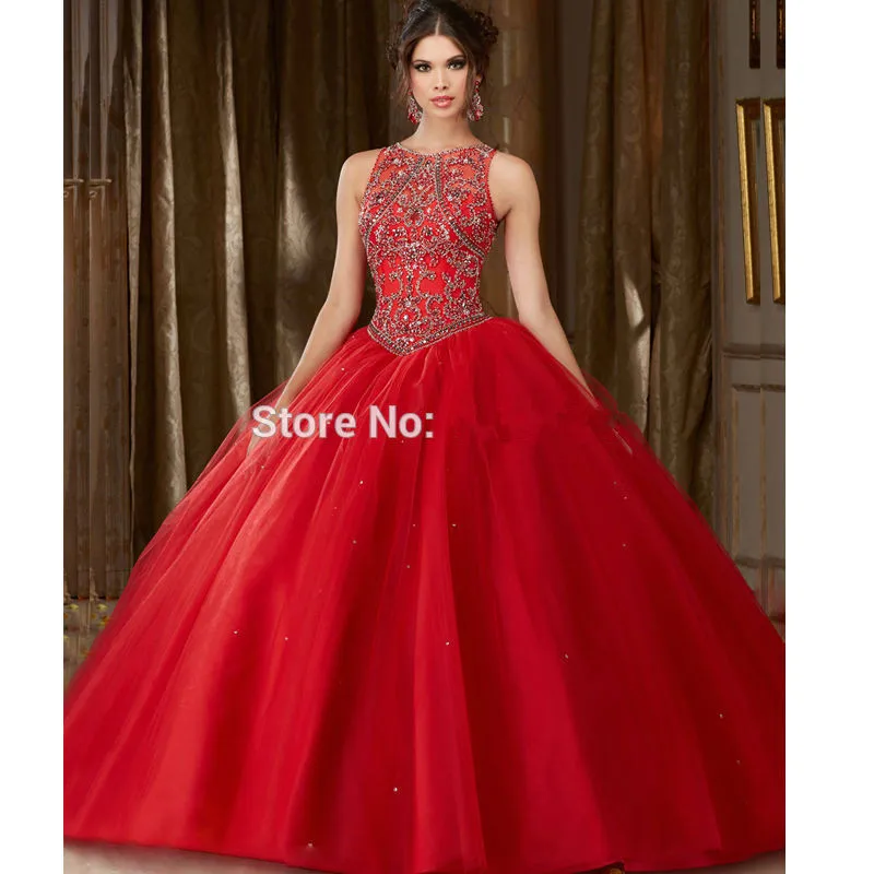 

Красные бальные платья Quinceanera, бальное платье с глубоким круглым вырезом, дешевые красивые платья из тюля с бисером, 16 платьев HWF045