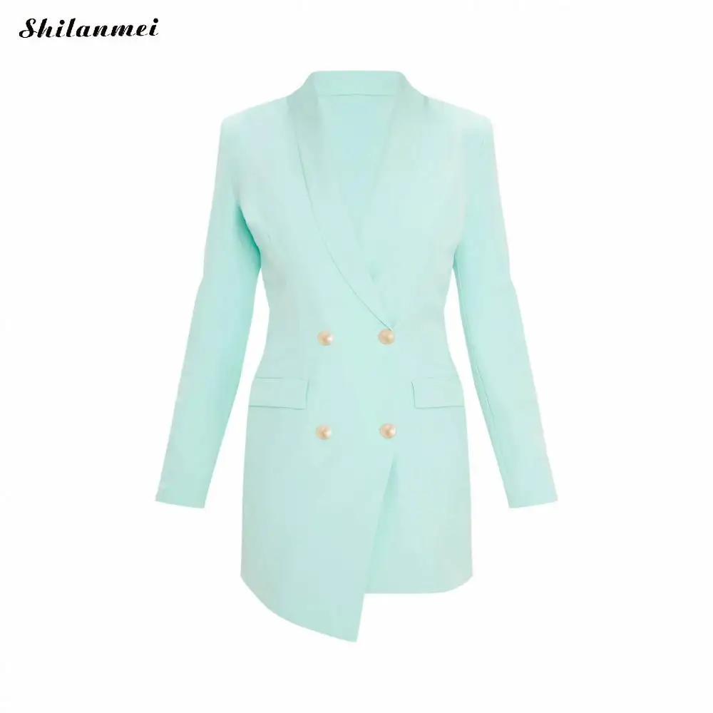 turquoise Женское платье-блейзер с длинным рукавом, офисное, Дамское, элегантное, для работы, вечерние, облегающее, Осеннее, повседневное, на пуговицах, приталенный пиджак, платья, Mujer - Цвет: turquoise
