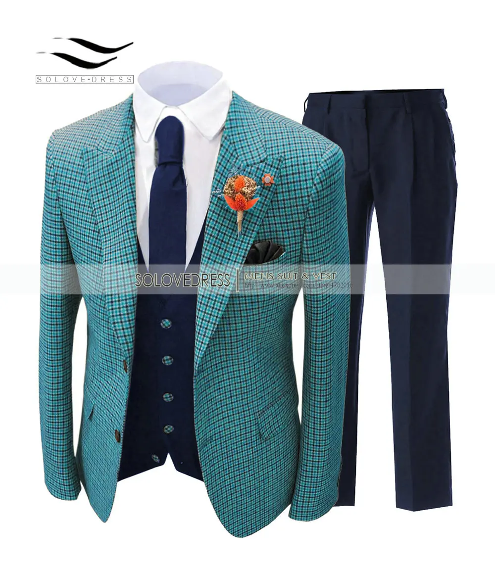Men's Suits Teal Formal Regular Fit Plaid Wool Tweed Prom Tuxedos 3 Piece Solid Suit Best man For Wedding (Blazer+Vest+Pants)