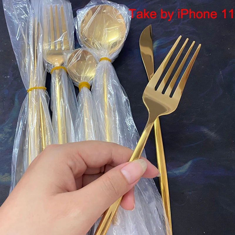 

Household luxury golden stainless steel tableware fork knife spoon set of 24 high-quality tableware children's wooden tableware