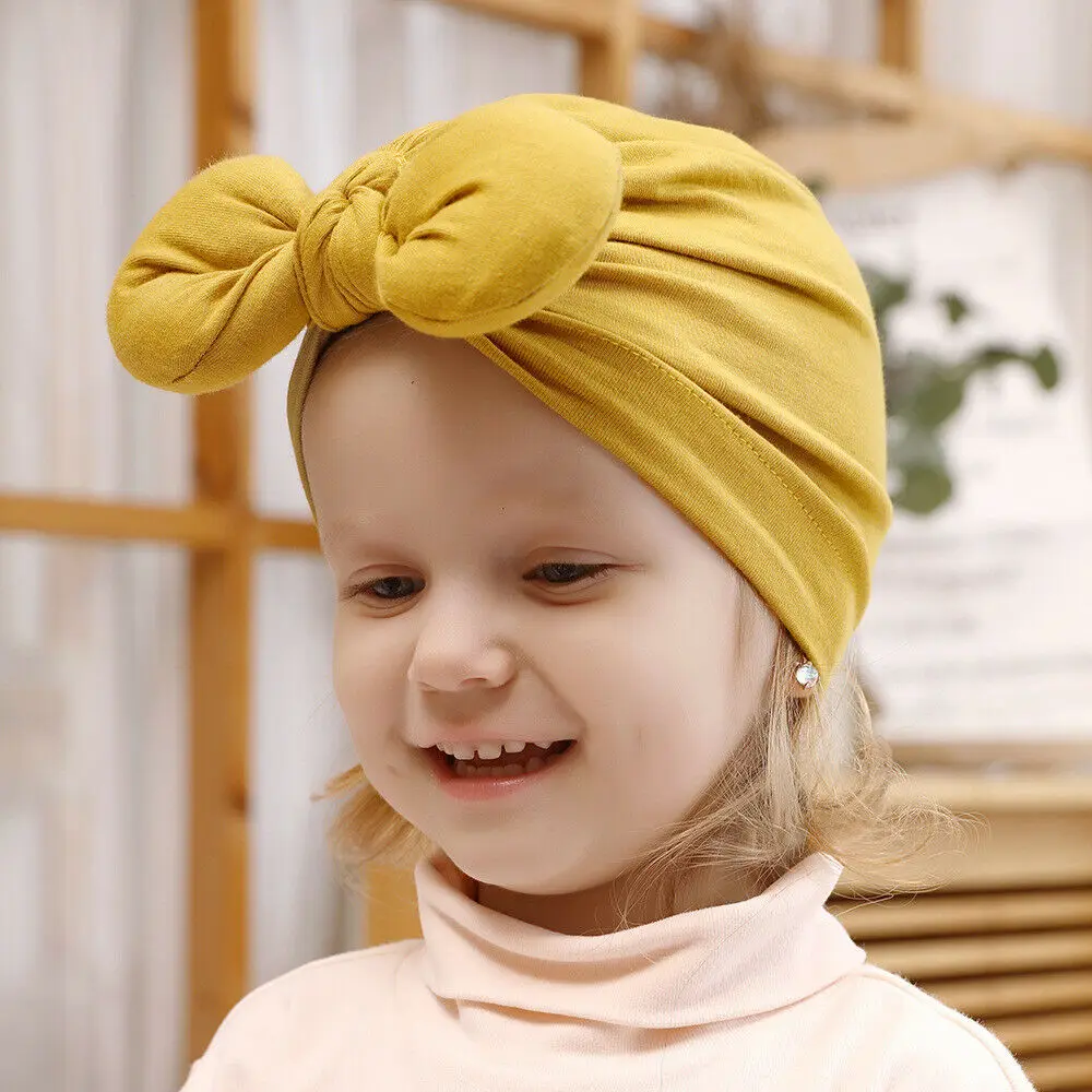 Newborn Toddler Baby Girls Turban Soft Silk Beanie Big Bow Hat Cap Wrap Headwear Headband Hats Accessories Candy Color Cute
