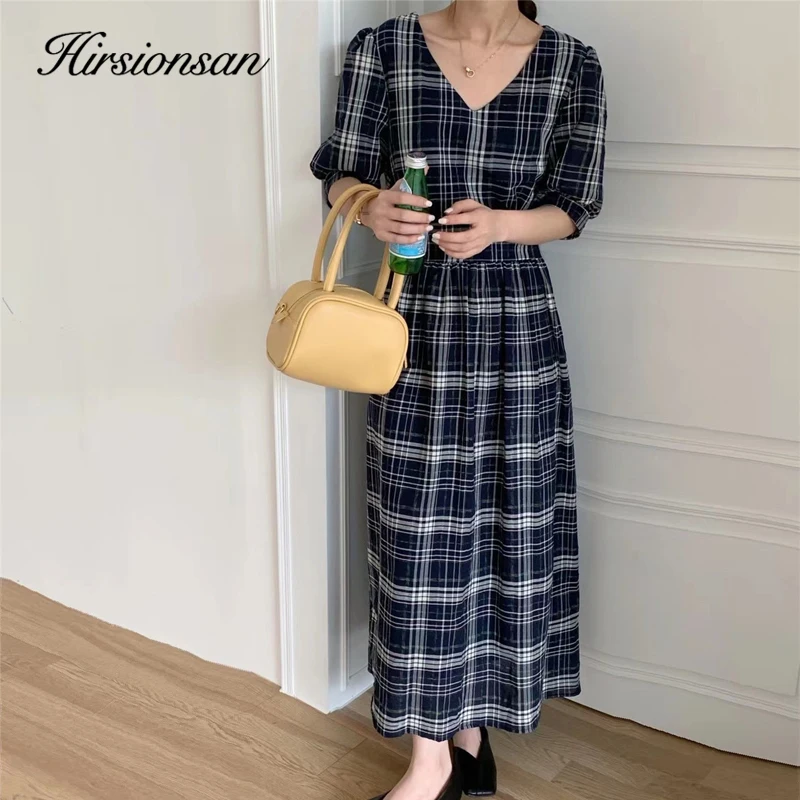 

Hirsionsan V Neck Short Sleeve Plaid Dresses Women 2021 Summer Vintage Soft Loose Dress Franch Elegant Casual Female Midi Dress