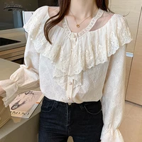 new hollow out ruffle stitching apricot blouse women elegant puff long sleeve women shirts loose v neck clothing blusas 15776