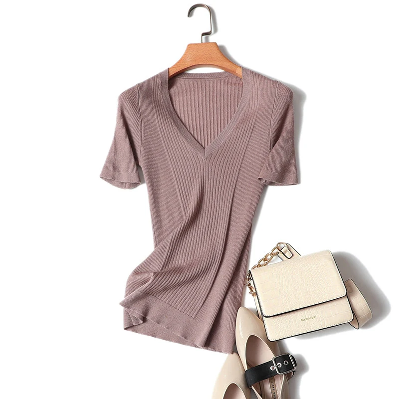 new fashion 100% Cashmere v neck short sleeve rib sweater women | Женская одежда
