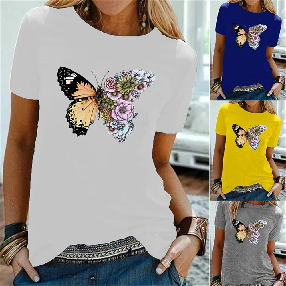 

Butterfly Flowers Printing T-shirts Women Summer Clothes Tops for Girls Vogue Woman Tshirts Graphic Round Neck Camisetas Mujer
