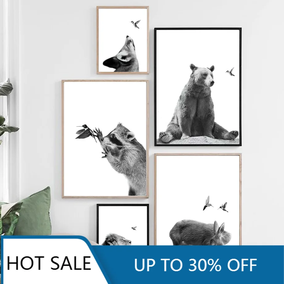 Милый медведь коала олень лиса птица черная белая Скандинавская настенная