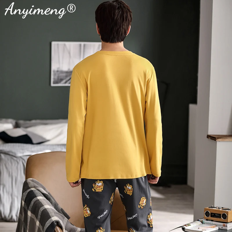 

Spring Autumn New Casual Men's Pyjamas Set Cartoon Printing Cotton Sleepwear for Men Round Neck Long Sleeve Long Pants Home Suit