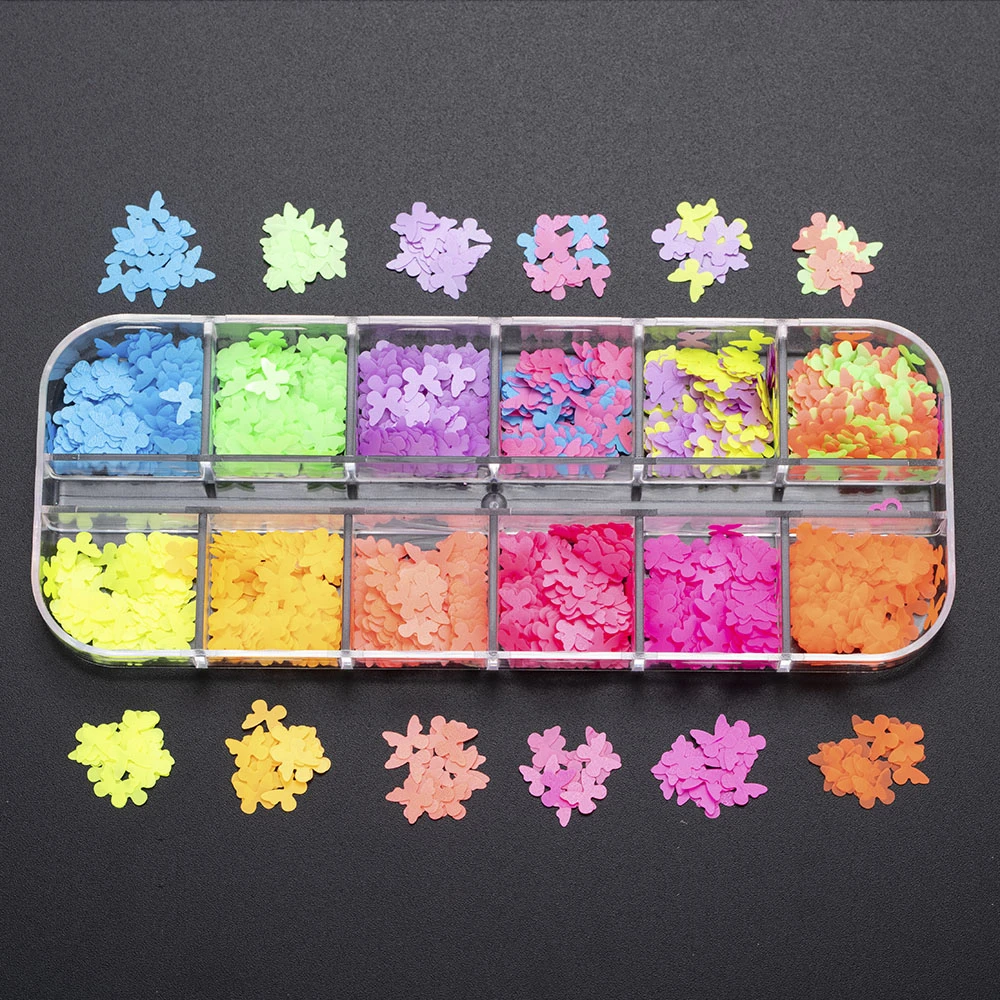 

12 Сетки флуоресценции бабочки сердца фрукты с кленовыми листьями нейл-арта блестящие хлопья блестки DIY искусство Дизайн для украшения ногт...