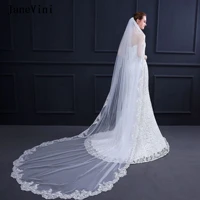janevini elegant one layer bridal ivory cathedral veil lace appliques edge tulle wedding veils with comb bride hair accessories