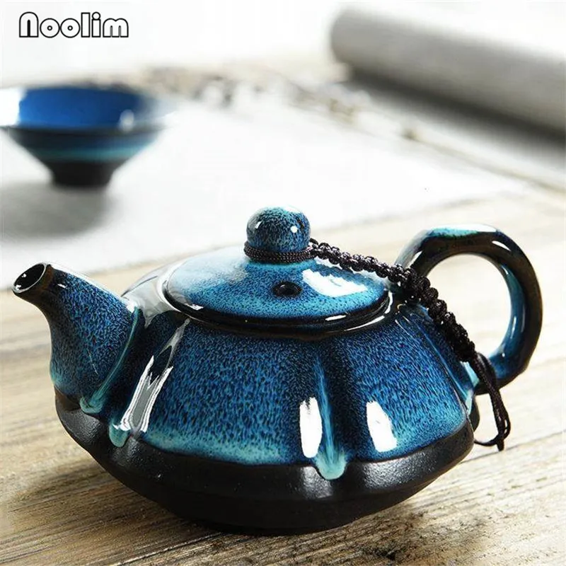 Портативный синий глазурованный чайник с ручкой ручной работы для воды кунг-фу