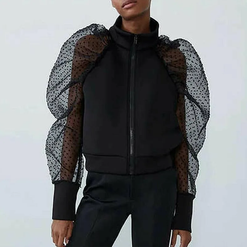 Новинка 2020 Осеннее Женское пальто с высоким воротником в горошек сетчатая