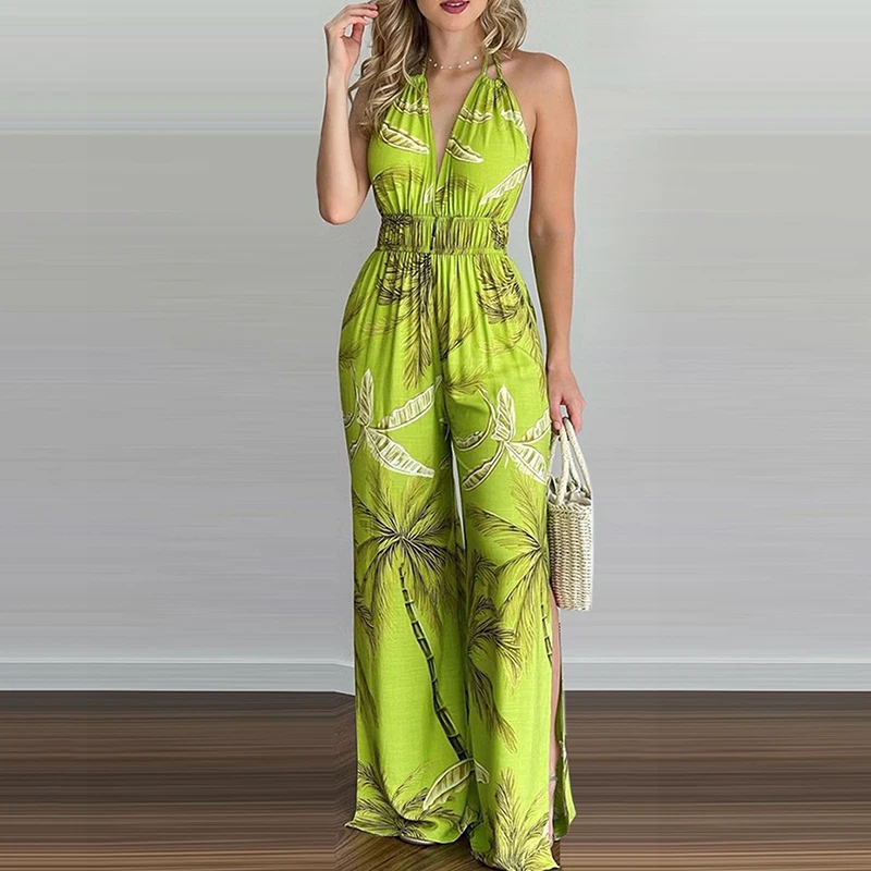 

Summer Sexy V Neck Halter Print Jumpsuit Women Sleeveless Elastic High Waist Wide Leg Pants Ladies Females Spaghetti Straps