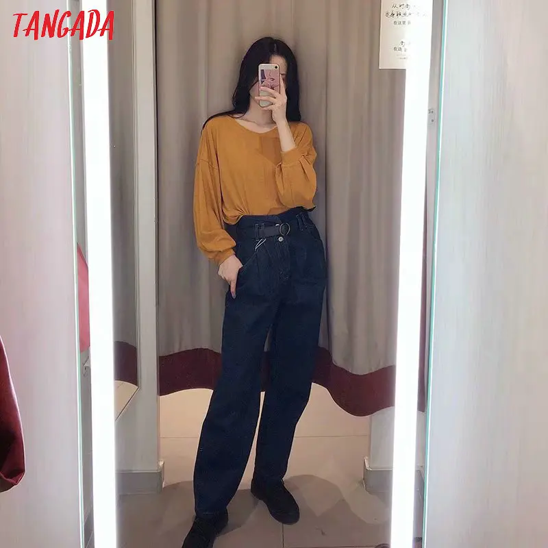 Tangada Женские повседневные темно-синие джинсы брюки с поясом высокая талия карман брюки стильные джинсовые брюки 4M141