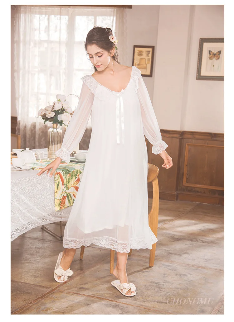 Элегантный белый розовый Sleepdress осеннее кружевное платье, одежда для сна, Фонари с галстуком-бабочкой, одежда для сна с длинными рукавами, ночная рубашка из хлопка, пижама, пеньюар
