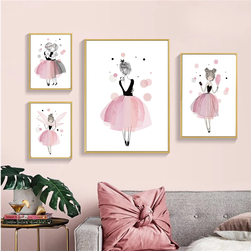 

Nordic Pink Princess Wing Girl Wall Art Poster Flower Canvas Painting Ballet Art Print Baby Nursery Picture Kids Room Home Decor
