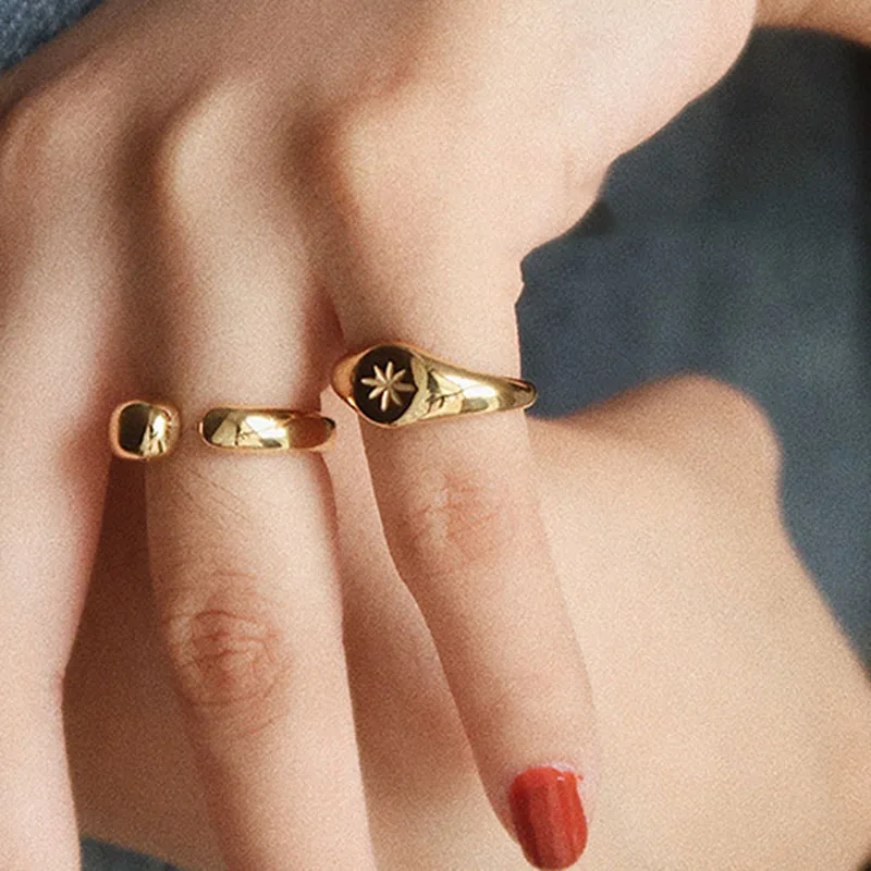 Star gold signet pinky ring for women stainless steel vintage fashion ring minimalist elegant