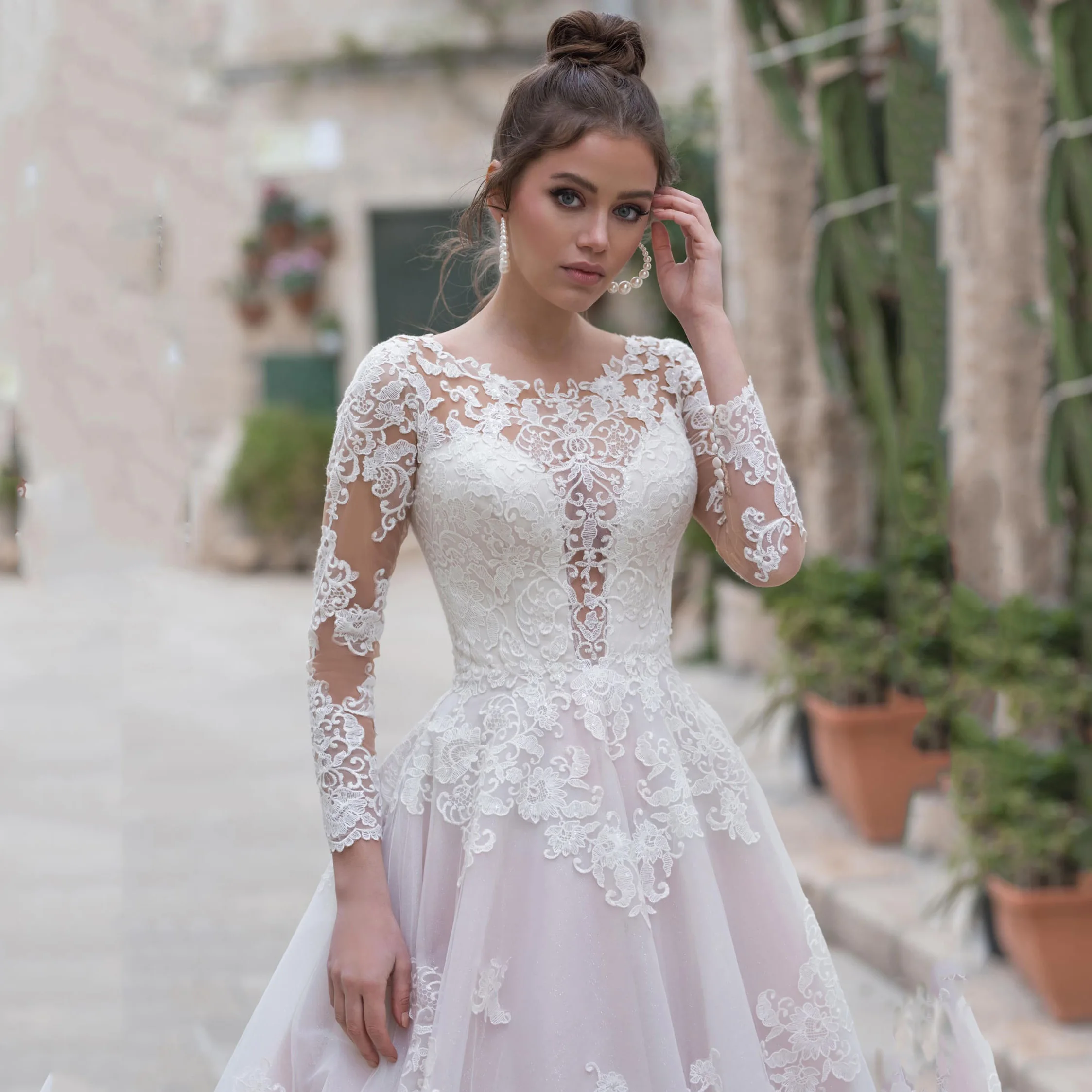Boho трапециевидные Свадебные платья с длинным рукавом и шлейфом отвесные круглым