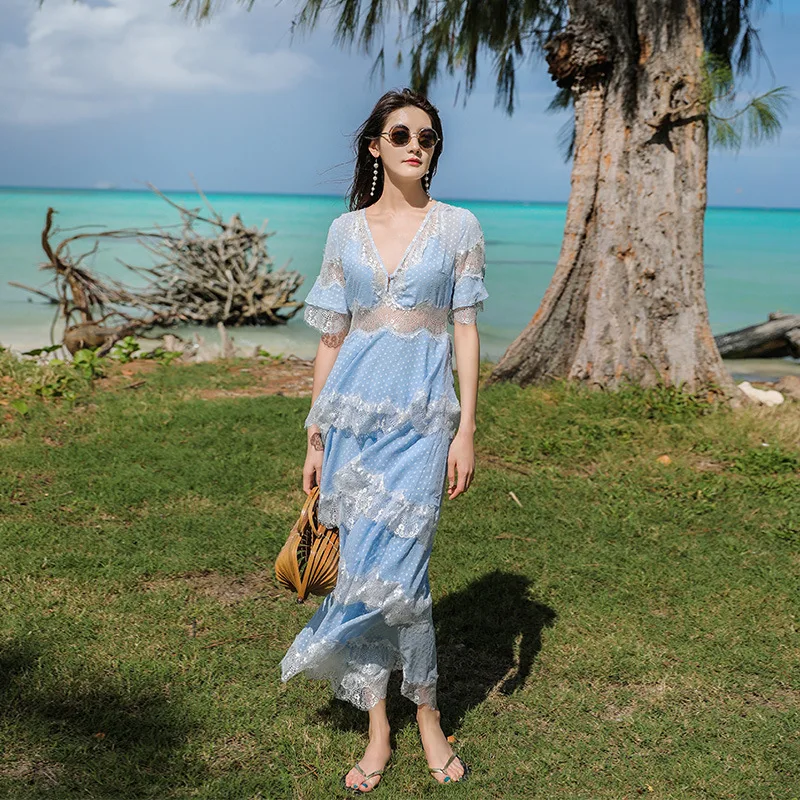 

High Quality Luxury Beach Seaside Dresses Lace Voile V-neck Long Dresses Women Holiday Clothing Summer Ladies Layered Dresses