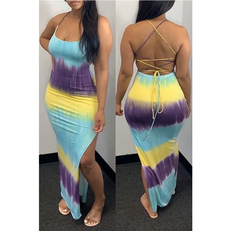 

Lace Up Maxi Dresses Split Sexy Women's Gradient Printing Backless Summer New 2021 Sheath Strap Long Skirt Off The Shoulder