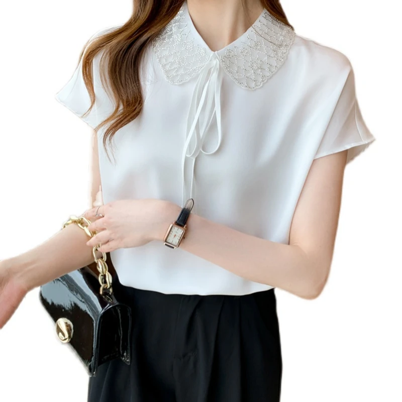 

Women summer Beading peter pan collar black white solid color loose Office Lady Elegant fashion Silk-like shirts blouse tops