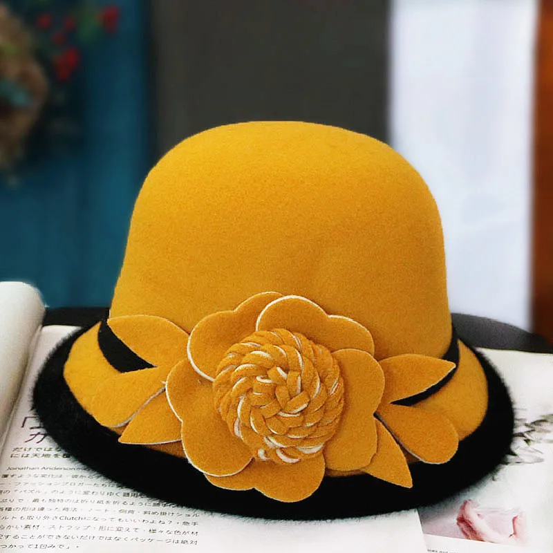 Новинка Зимняя женская шерстяная шапка с цветочным принтом шляпы-федоры