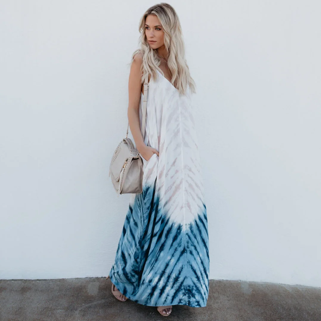 

WEPBEL Summer Fashion Spaghetti Strap V-neck Pocket Dress Women's Sexy Digital Printing Loose Dress