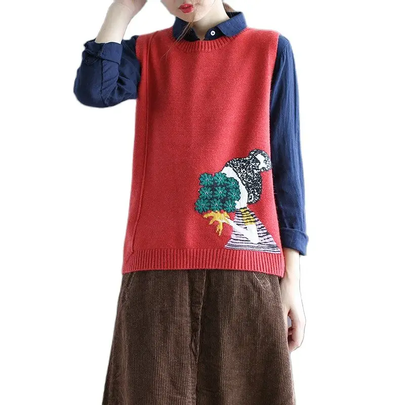 

2020 Korean Fashion Women O-Neck Knitted Vest Sleeveless Knit Cotton Sweater Vest Oversized Pullovers Veste Femme Black Red