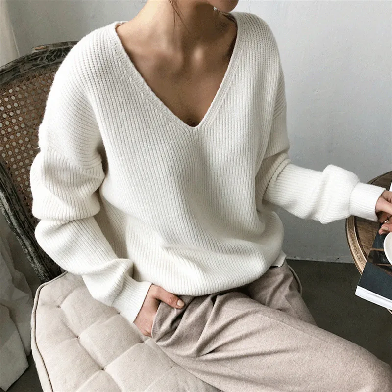 Korean Style Women Tops 2020 Autumn V Neck Solid Knitted Sweater Casual Loose Long Sleeve Ladies Pullover Cashmere | Женская одежда