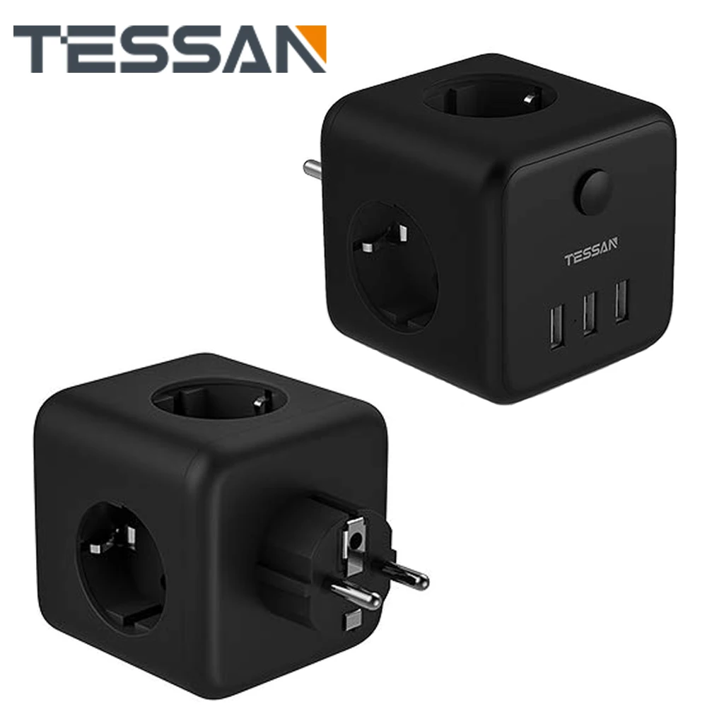 TESSAN Europe Black USB Wall Socket with 3 AC Outlets 3 USB Ports On/Off Switch, 100-250V Power Strip Charger Adapter for Home