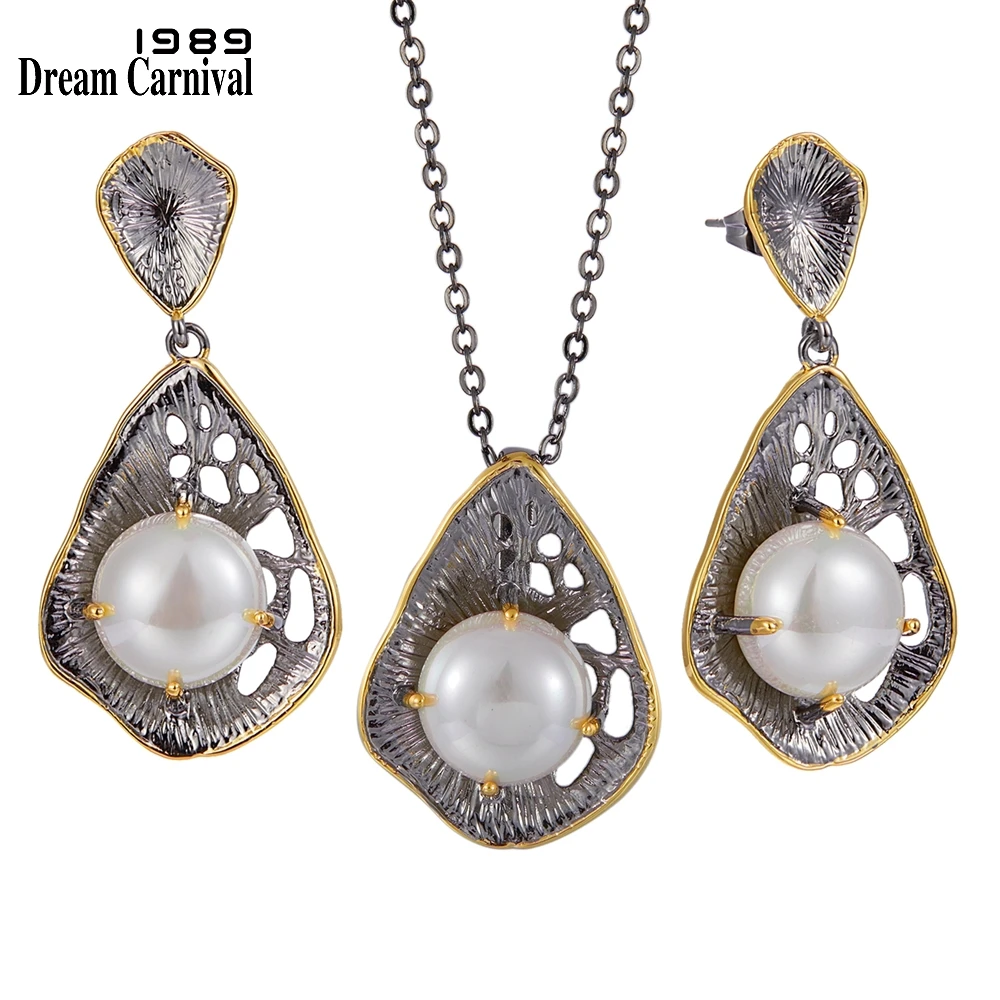 

Dreamcarnival1989 Feminine Necklace Earrings Set Women Gothic Pearl Leaf Home Office Party Must Have Jewelry Entertain EP3982S2