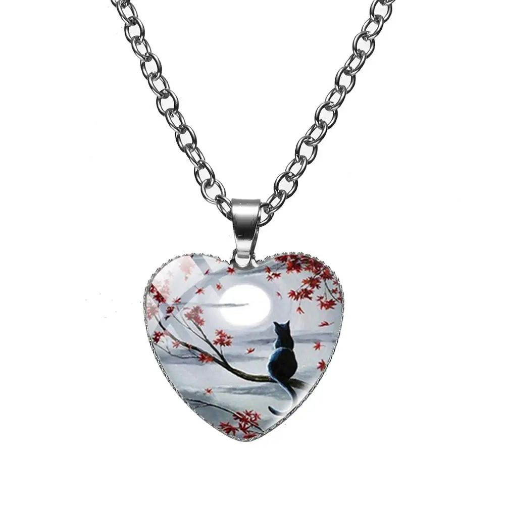 Ожерелье с изображением кота и цветка дерева лунного света Луны милой черной