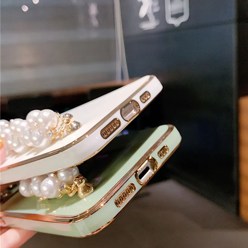 Luxury Plating Pearl Bracelet Shockproof Soft Case For OPPO Reno5 Reno6 Pro Reno4 Z A94 A95 A55 A35 A5 A9 A53 S 2020 Sexy Cover