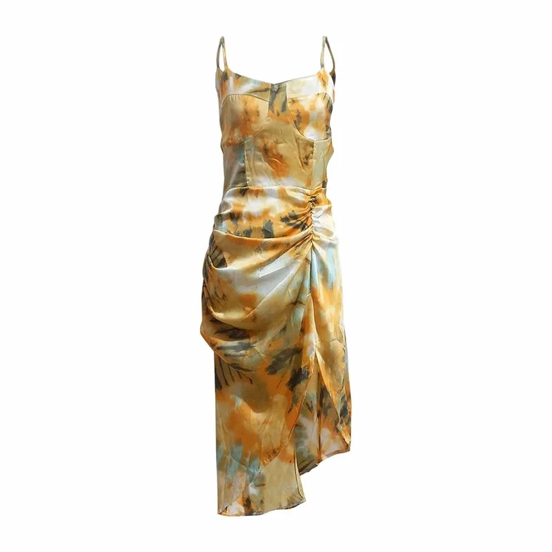 

Summer Sexy Yellow Tie Dye Flower Print Long Dress Vintag Spaghetti Sraps Hem Slim Waist Slit Irregular Sling New Women's Dress