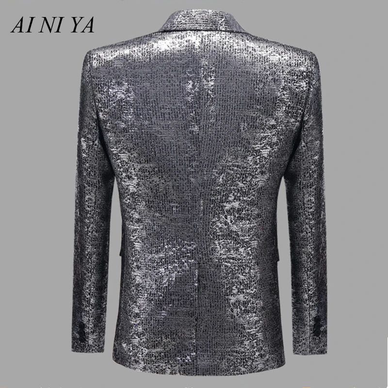 

Shiny Silver Brocade Suit Jacket Male Brand One Button Peak Collar Tuxedo Dress Blazers Men Slim Fit Wedding Party Costume Homme