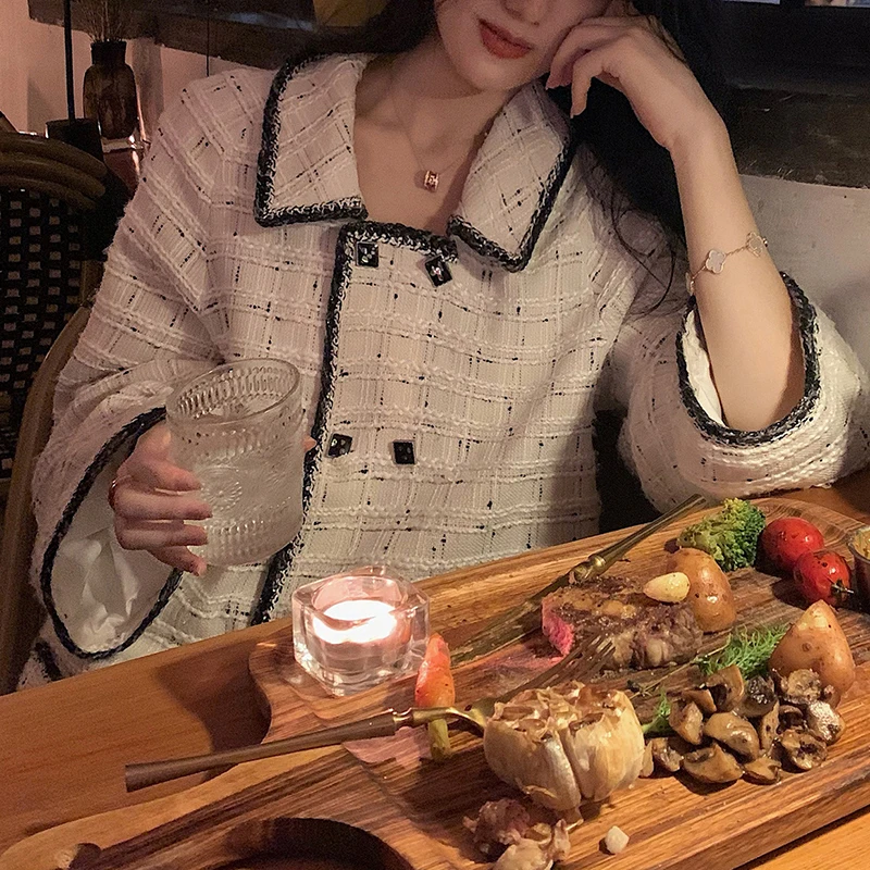 

Casual Loose Two Piece Set For Women Lapel Long Sleeve Coat For Women High Waist Mini Skirts Tweed Sets Female 2020 New V996