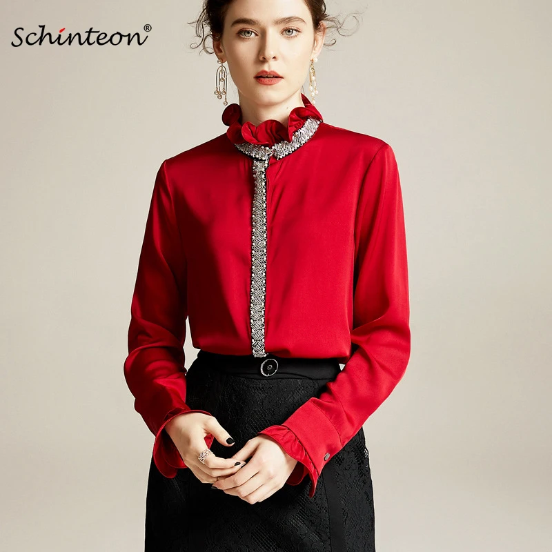 Женская блузка из натурального шелка Schinteon Офисная однотонная красная с длинным
