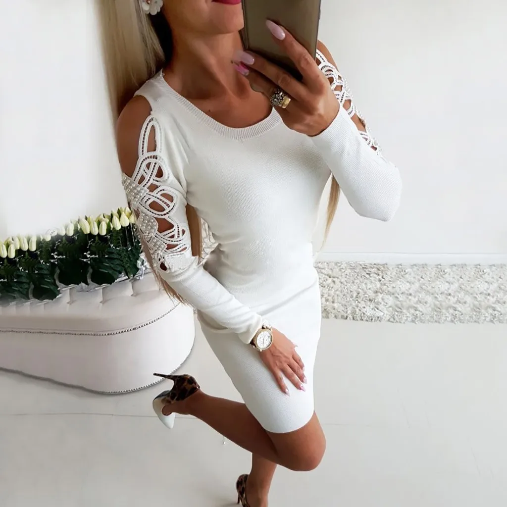 Женское платье мини с длинным рукавом круглым вырезом|Женские платья| |