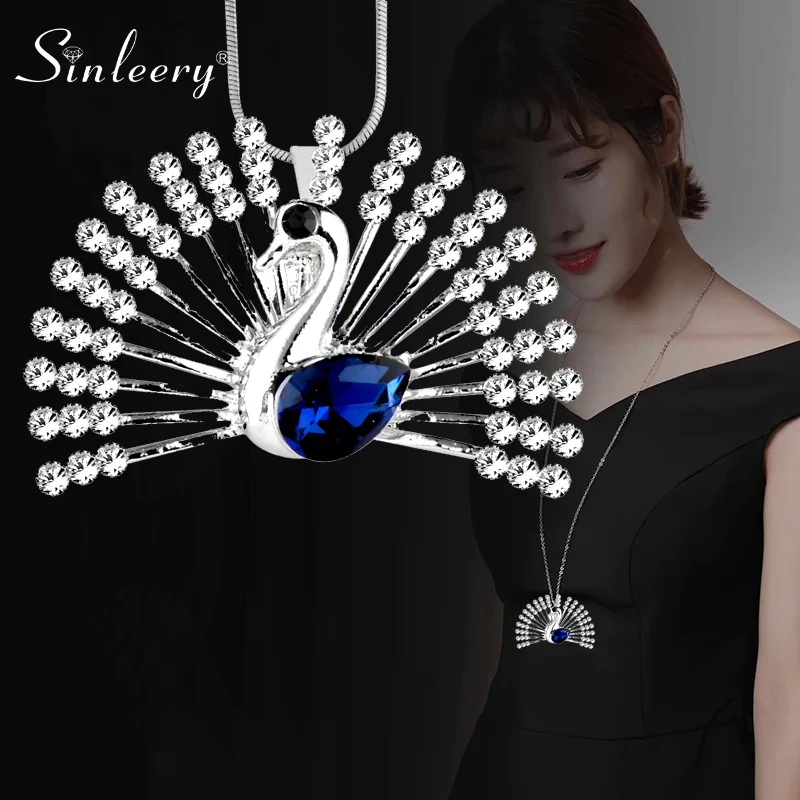 SINLEERY Сверкающее Ожерелье Стразы с павлином подвеска серебряного цвета Длинная