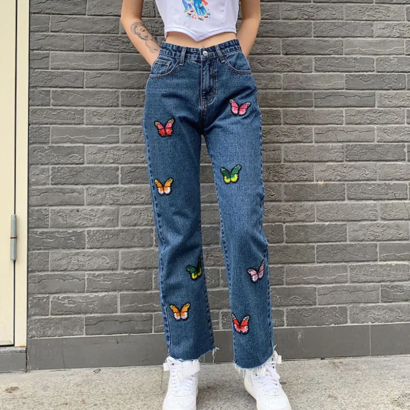 

2021 Casual Jeans Woman Long Trousers Cowboy Female Loose Streetwear Butterfly Embroidered Straight Pants
