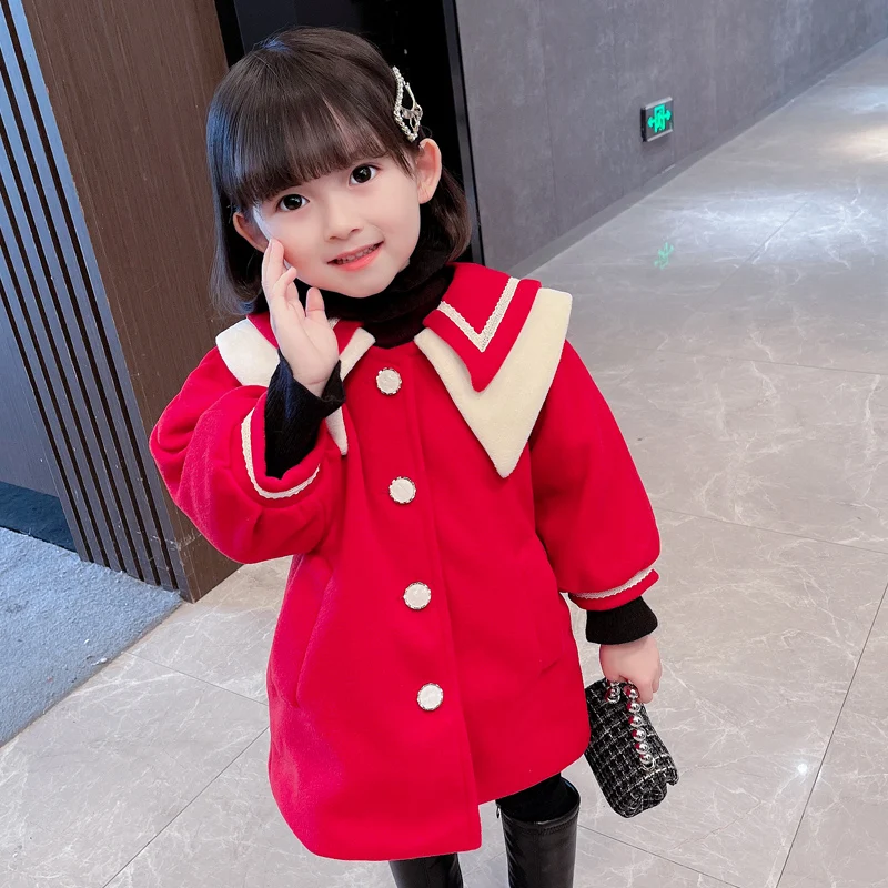 

Spring Autumn Baby Girls Coats Children Outerwear Kids Jackets Lapel Red Princess Clothes New Year Costume Toddler Infant Tops