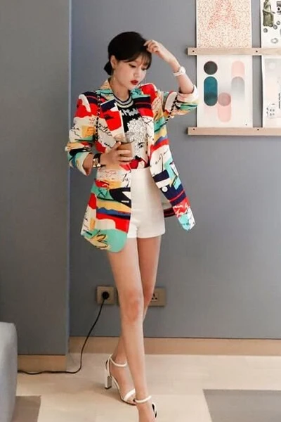 2019 Autumn Korea Thin Blazer Women Long Sleeve Notched Printing Flower multicolor V Neck Pocket Floral Jacket Coat | Женская одежда